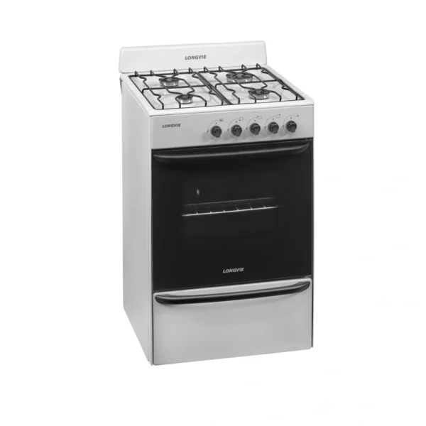 Cocina a gas LONGVIE 56cm blanca enlozada con cajón parrilla multigas. - Mod. 12231B