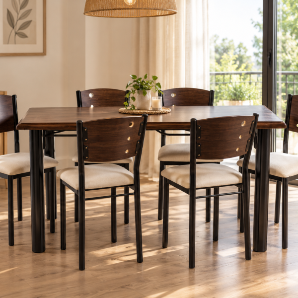 Juego de comedor RINA mesa 1,50mt laminada con 6 sillas delta. - Mod. SET 7