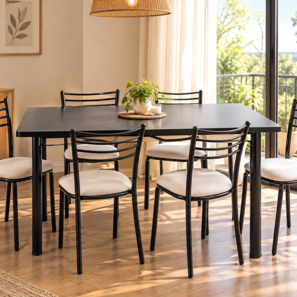 Juego de comedor RINA mesa 1,50mts laminada con 6 sillas perlina. - Mod. SET 2